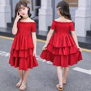 女童夏装儿童公主洋气，连衣裙5-12岁小女孩一字，肩红色时尚蓬蓬裙潮