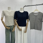 韩版复古麻花针织开衫女夏季短袖，设计感小众，洋气法式宽松显瘦百搭