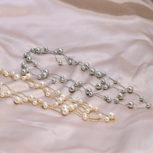 小众轻奢欧美时尚白色质感镀金双层气质优雅珍珠长款项链毛衣链