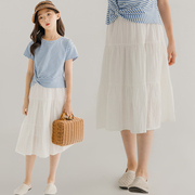 女童半身裙春夏季儿童中长款裙子蛋糕裙中大童女孩白色百褶裙套装