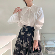 韩国chic气质百褶大翻领，单排扣喇叭袖，衬衫+高腰印花半身裙长裙女