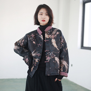 中式苎麻棉衣女民族风印花手缝盘扣对襟棉服立领，薄款小棉袄棉外套