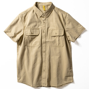 男士短袖衬衫夏季薄款纯棉工装上衣青年日系复古纯色修身半袖衬衣