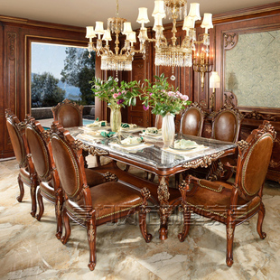 欧式大理石面餐桌椅组合法式高端家具美式原木，手工雕刻餐桌椅定制