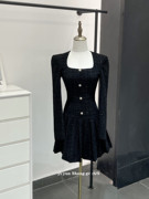 黑色小香风长袖连衣裙女秋季短裙高级感复古气质轻熟风小个子裙子