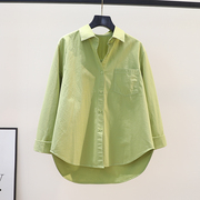 果绿色棉衬衫女单口袋宽松长袖衬衣2023秋季小清新文艺范上衣开衫