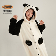 春季女孩可爱熊猫睡衣双面加绒家居服初中女生保暖女大童睡裙童装