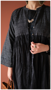 丝棉外套injiri春季印度手工织布扎染黑色纽扣圆领长袖连衣裙