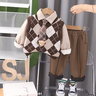 男童装秋冬季加绒加厚三件套婴儿童学院风毛衣宝宝冬装套装1-3岁5