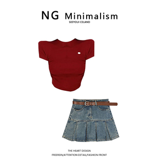 ngminimalism酒红色针织羊毛短袖，小众+辣妹高腰显瘦牛仔半身裙女