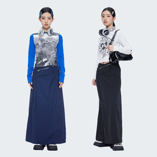 Oinkoink 原创设计腰间有口袋一片式户外半身裙女黑色藏蓝色长裙