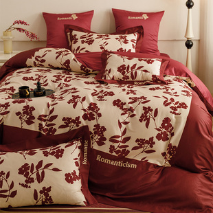 高定全棉数码印花床上用品100S长绒棉红色结婚被套床单床笠四件套