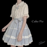 娃娃领蕾丝荷叶边泡泡袖短袖衬衫+ 蛋糕派 蝴蝶结蛋糕蕾丝花边裙