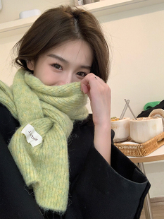 西本韩版ins绿色针织围巾，女冬季2024百搭保暖毛线，围脖男情侣