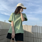 棉质绿色T恤短袖女夏装网红宽松体恤ins潮韩版纯色半袖上衣服