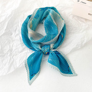 气质蓝色压皱长条小丝巾，女复古油画法式发带，装饰领巾春秋季配西装
