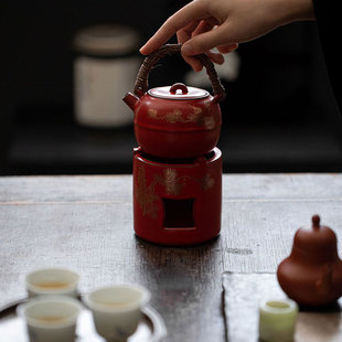 山楂红苏打釉炭火酒精炉陶瓷温茶器烧水壶茶具围炉藤编煮茶壶套装