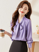 紫色缎面衬衫女长袖2023职业衬衣设计感蝴蝶结雪纺衫法式上衣