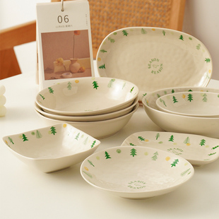 白屿 松树小鸟餐具套装清新感森林小碗日式风格碗碟家用碗面碗