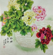 牡丹花鸟画鸡工笔画国画四尺斗方，纯手绘字画客厅，走廊装饰顾雪芳gg