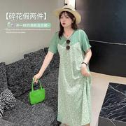 大码女装胖mm小清新连衣裙夏季拼接假两件A字裙220267