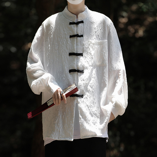 新中式立领提花衬衫，男长袖国风唐装外套夏季潮流宽松盘扣衬衣