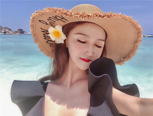 海边太阳帽大檐网红草帽，女旅游小清新度假遮阳帽子出游防晒沙滩帽
