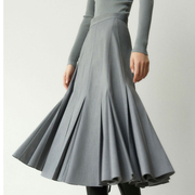 2022春秋女士灰色显瘦气质开合褶伞裙半裙原创设计感小众半身裙