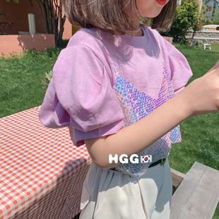 女童夏装假(夏装假)两件吊带，上衣韩国儿童设计感短袖宝宝亮片泡泡袖t恤潮