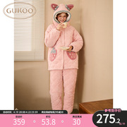 Gukoo/果壳睡衣女冬季草莓系列三层夹棉加绒加厚保暖家居服套装