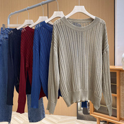 韩版镂空蓝色针织衫女长袖圆领，宽松百搭上衣时尚，休闲洋气d￥20