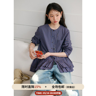 BLUEerror 纯棉娃娃领格子长袖衬衫女宽松双层花边白色衬衣春季