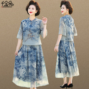 中年妈妈半身裙套装两件套复古气质中老年人女夏季新中式连衣裙子