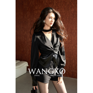 wangxo丨高定贵感哑光，华尔缎丨v领挂脖收腰拼接设计感长袖衬衫女
