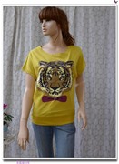 夏季套头圆领连肩蝙蝠袖老虎动物图案短袖棉质T恤衫甜美黄色创意
