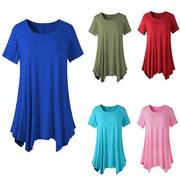 ebay欧美跨大码女装中长款短袖，t恤宽松圆领纯色打底衫