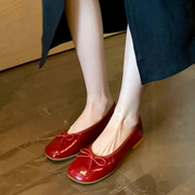 超软银色蝴蝶结芭蕾舞单鞋，女法式复古圆头，浅口平底小红鞋蛋卷鞋