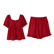安之伴睡衣女夏季纯棉薄款短袖本命年红色带胸垫喜庆结婚家居服套
