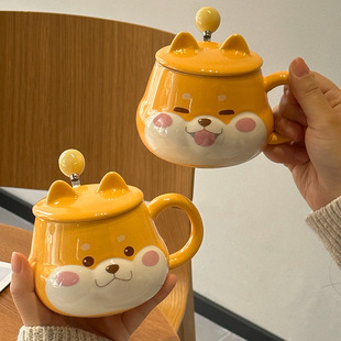 柴犬马克杯女可爱带盖勺办公室家用高颜值设计感咖啡，牛奶陶瓷杯子