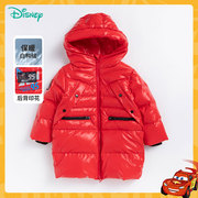 迪士尼童装男童羽绒服中长款2023冬季卡通酷印花大红保暖连帽外套