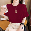 新年韩版正肩酒红短袖T恤女2024龙年本命年圆领纯棉上衣过年衣服