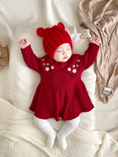 婴儿公主裙春秋冬装毛衣针织，连衣裙女宝宝，百天周岁礼服裙拜年服红