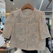 欧洲站24夏季韩系微透重工刺绣中袖短外套女气质百搭减龄上衣
