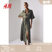 hm腰部系带衬衫式连衣裙，2024夏季女装，垂感短袖中长裙1217576