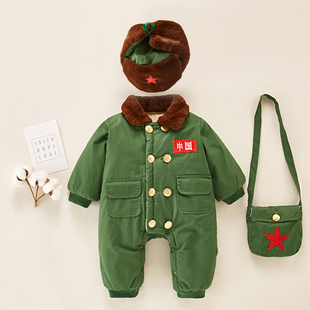 军衣冬季儿童时尚连体衣加绒加厚绿色红军婴儿冬装童装棉袄冬