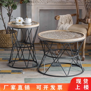 美式茶几钢化玻璃小圆桌欧式客厅沙发边几铁艺复古工业风圆咖啡桌