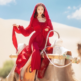 云南丽江民族风大红色连衣裙子夏季草原沙漠旅游度假拍照长裙超仙
