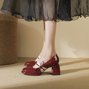 真皮哦~骄屿玛丽珍鞋，仙女风法式粗跟红色，伴娘鞋蝴蝶结配裙子单鞋