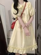 奶黄色娃娃领连衣裙女夏季小个子，可爱甜美学院风泡泡袖收腰长裙子