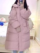 粉色连帽棉服外套，女冬季韩系显瘦减龄，加厚中长款过膝棉衣棉袄